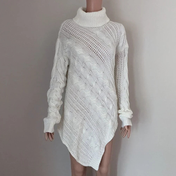 Lola B. Cable Knit Asymmetrical Turtle Neck White Sweater Dress Size L - Picture 1 of 10